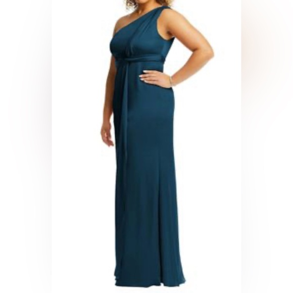 Dessy Collection One-Shoulder Draped Twist Empire Waist Trumpet Gown Sz 16 Blue - Picture 10 of 11